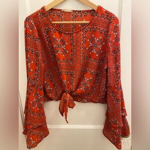 Altar'd State Tie Front Crop Top Red Bandana Print Bell sleeve Size L